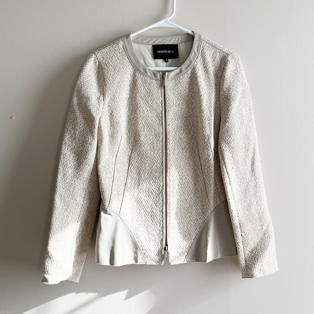 Lafayette 148 Zip Front Ivory Jacket Blazer w/ Leather Details Sz 6 Like New
